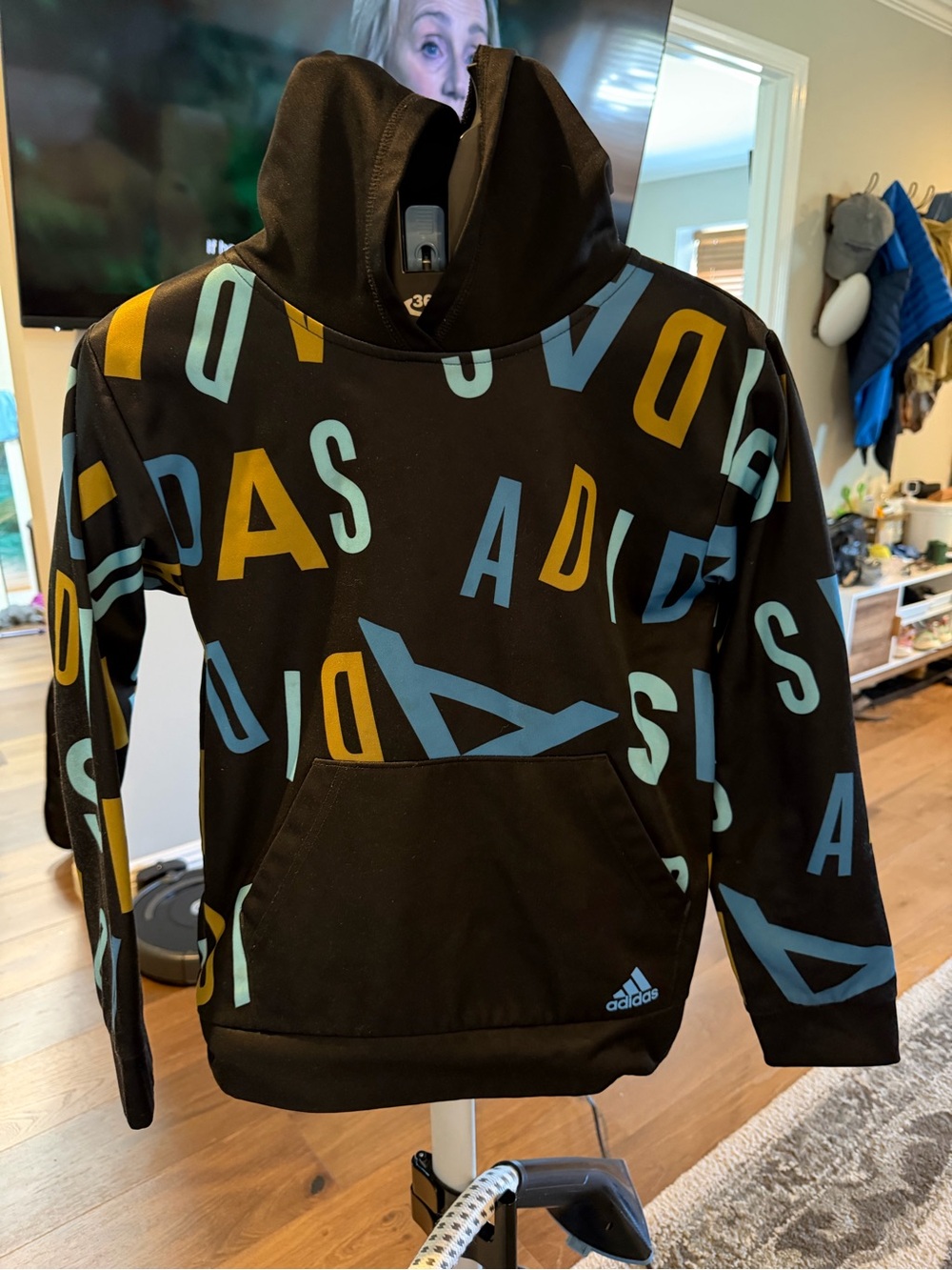 adidas Black Hoodie with Blue & Yellow Graphic Letters